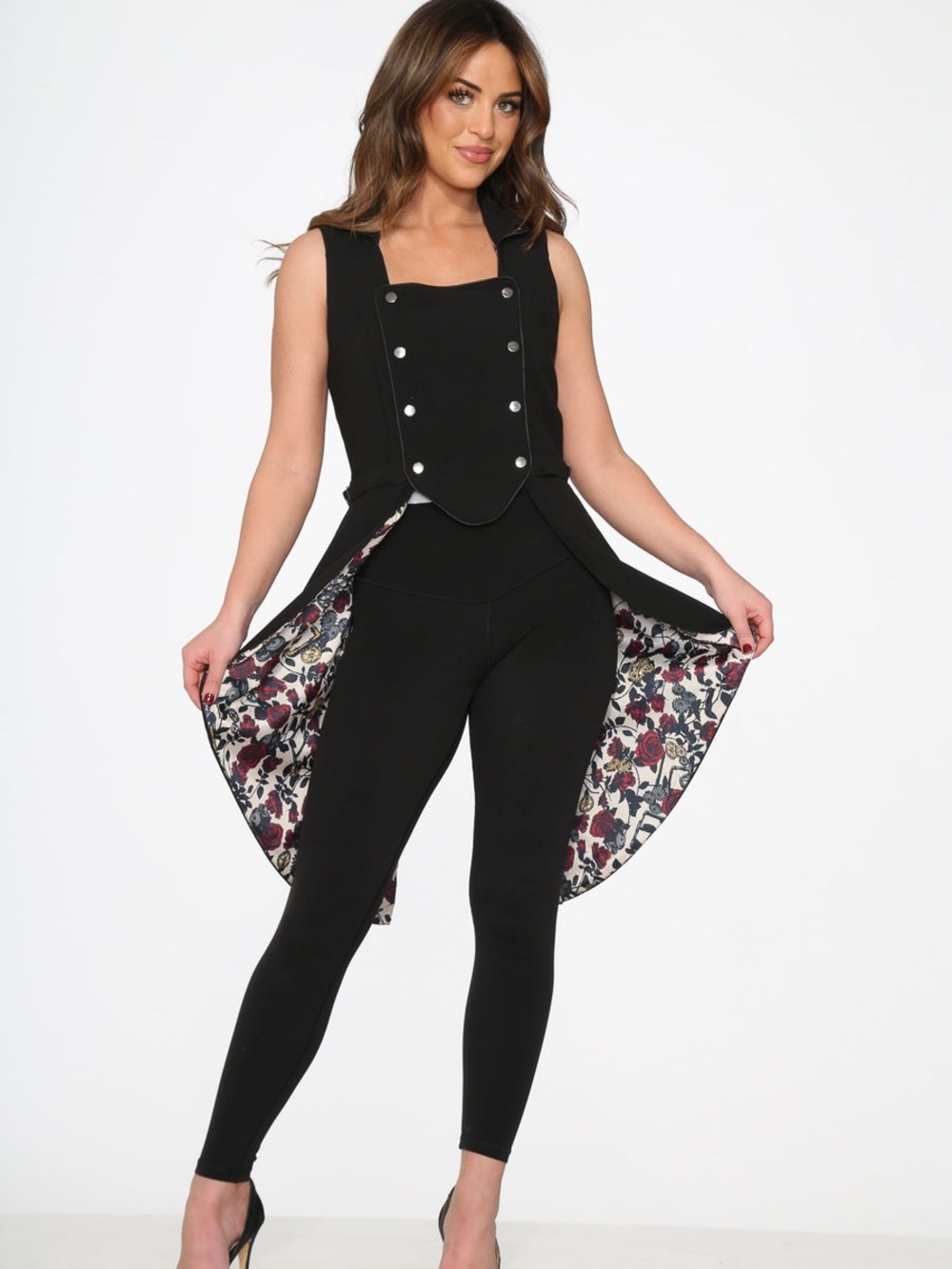 NWT Black Floral Long Vest with Split Back - Steampunk, Double-Breasted